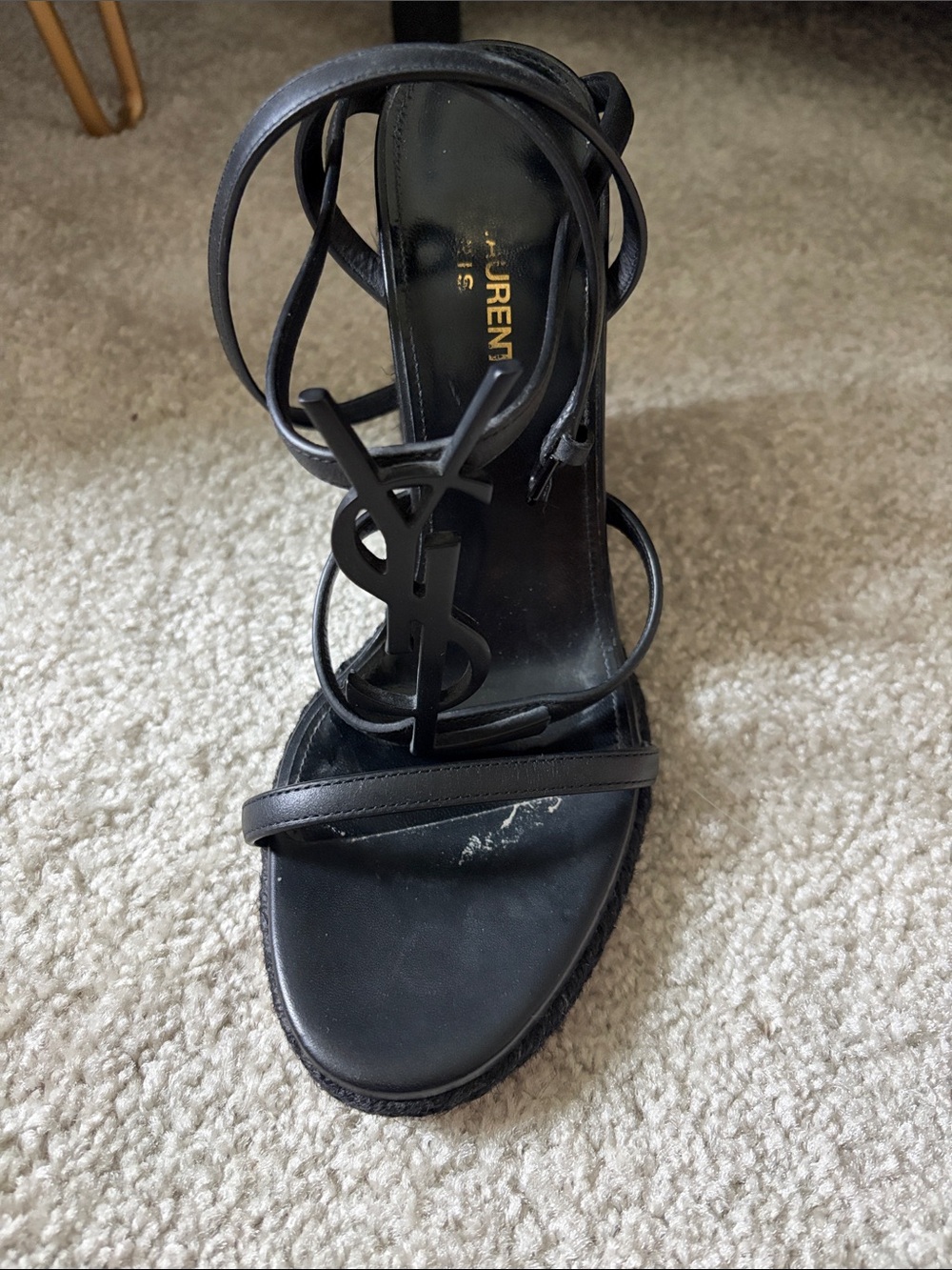 Saint Laurent Black Leather YSL Logo Strappy Heel Sandal